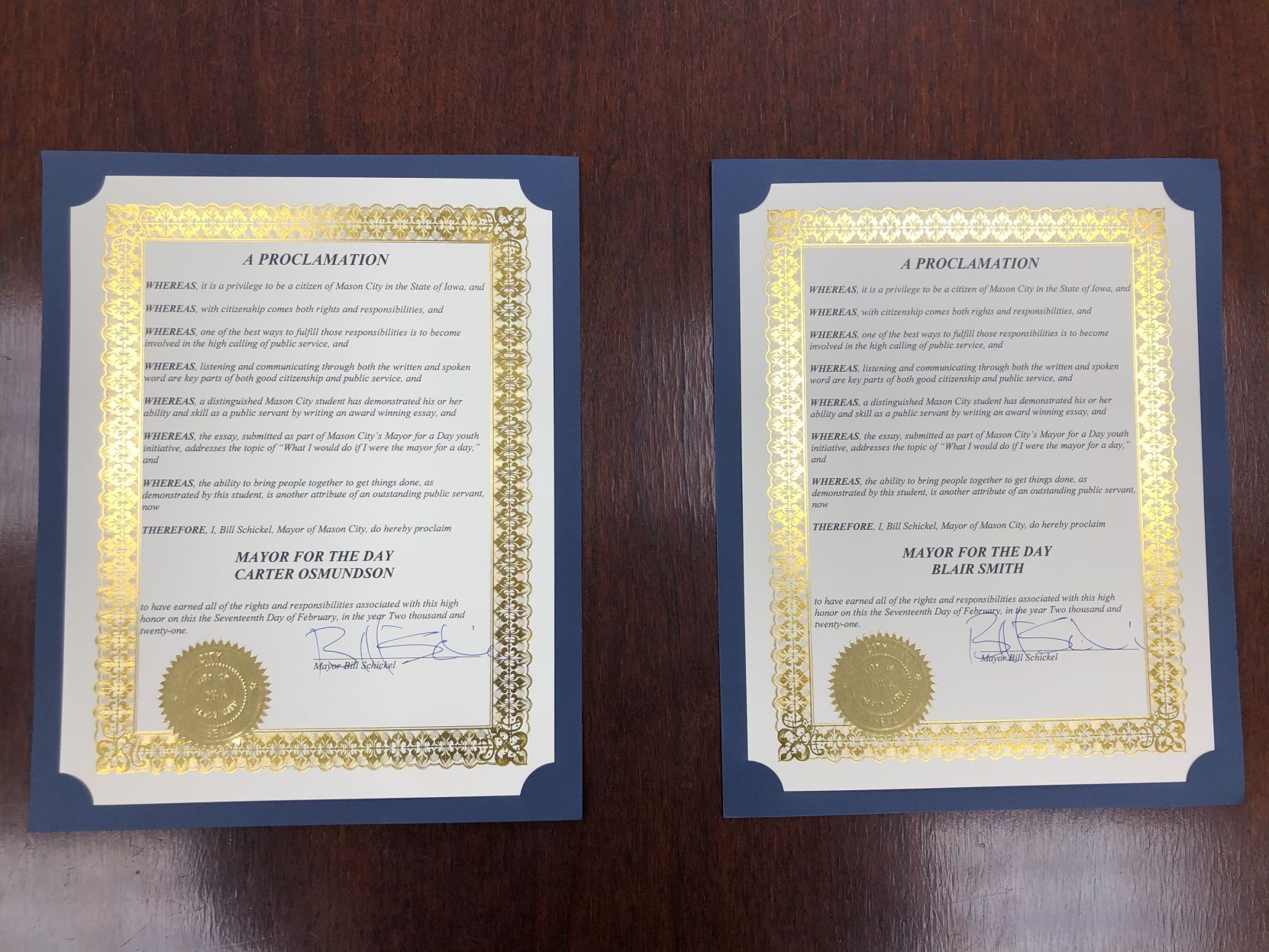 Mason City Mayor for the Day certificates
